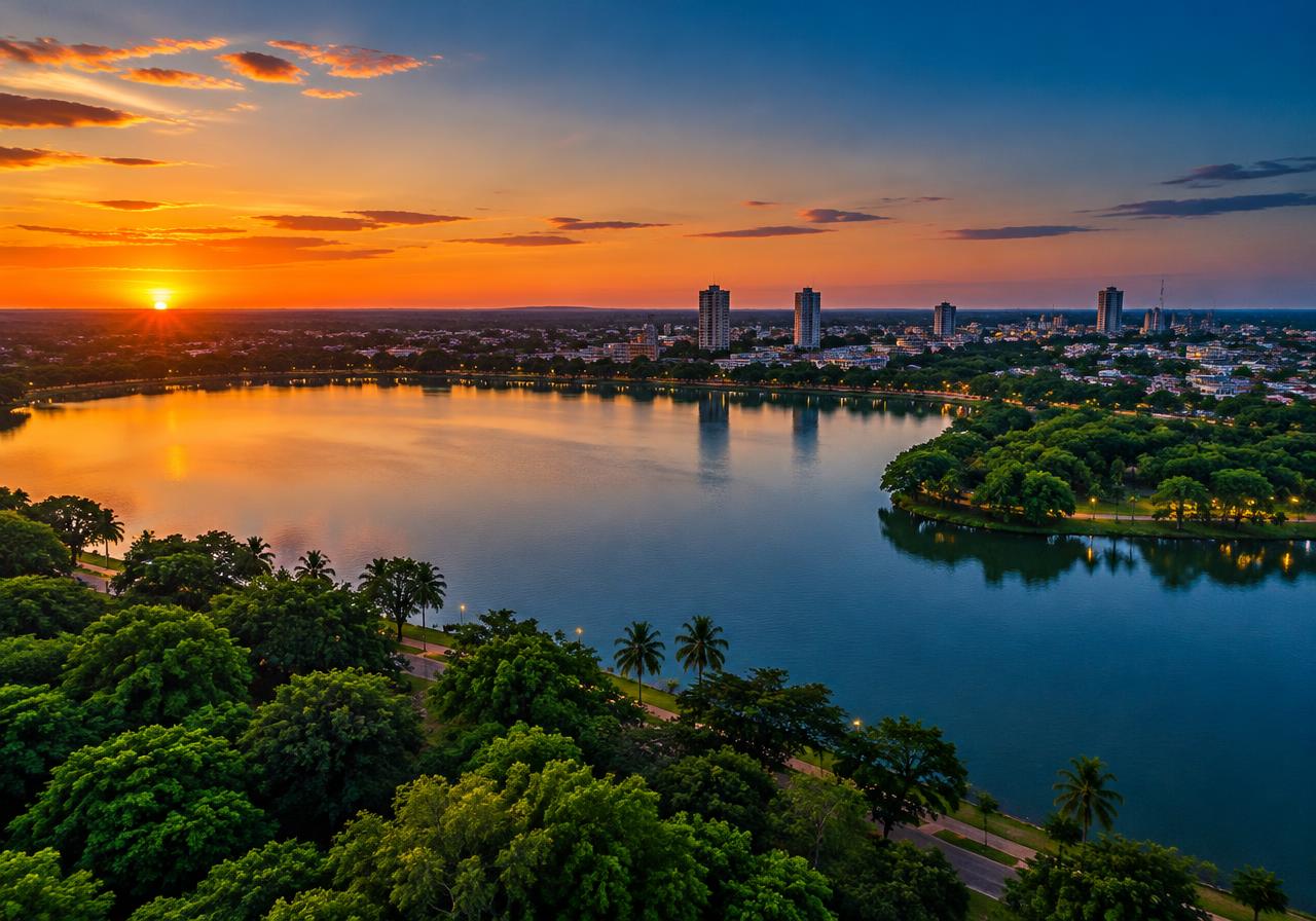 Vista da lagoa de Três Lagoas ao pôr do sol